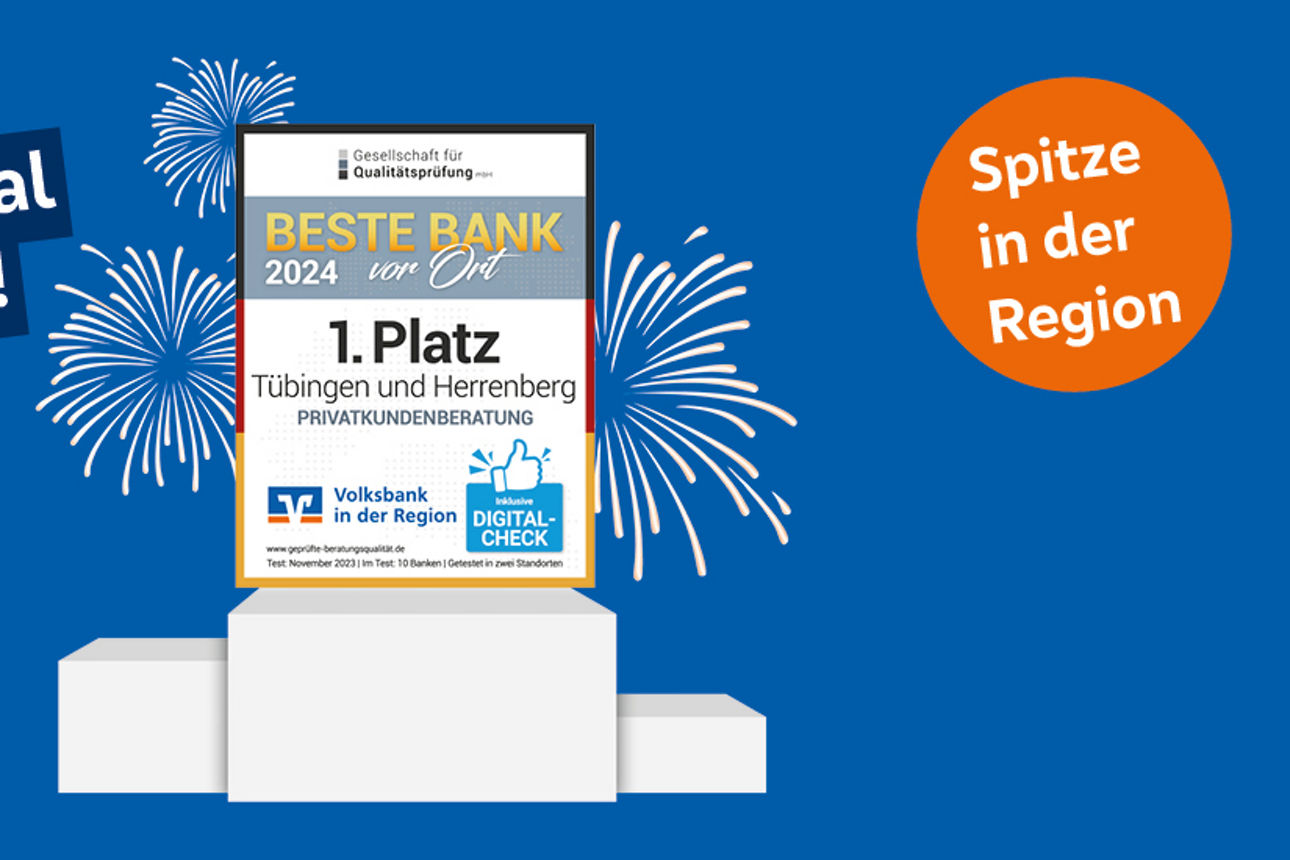 Beste Bank vor Ort Siegel 2024 auf Siegertreppchen mit Feuerwerk