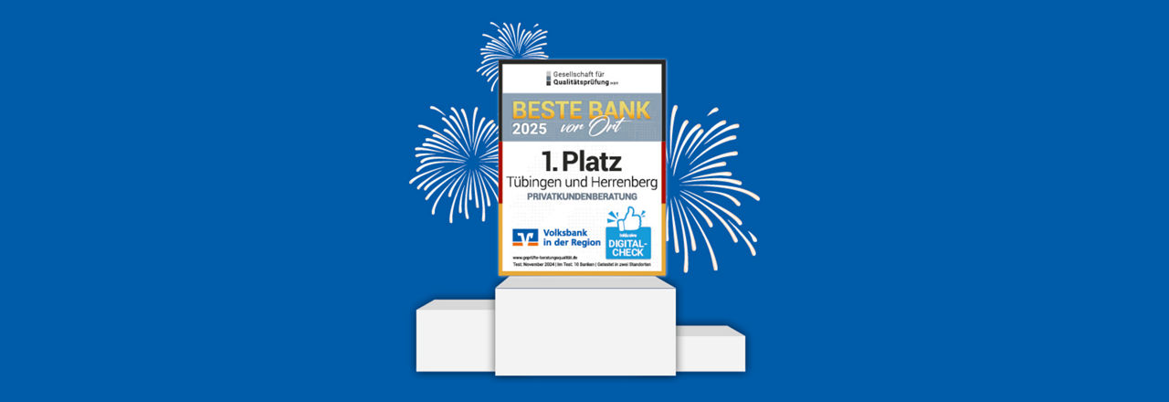 Beste Bank Siegel 2025 auf Siegertreppechen vor blauem Hintergrund mit Feuerwerk