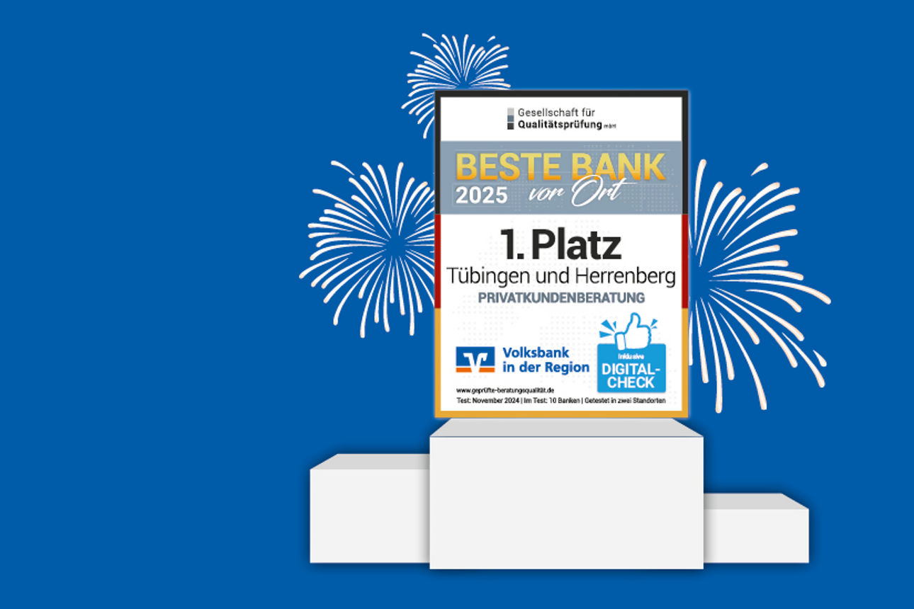 Beste Bank Siegel 2025 auf Siegertreppechen vor blauem Hintergrund mit Feuerwerk