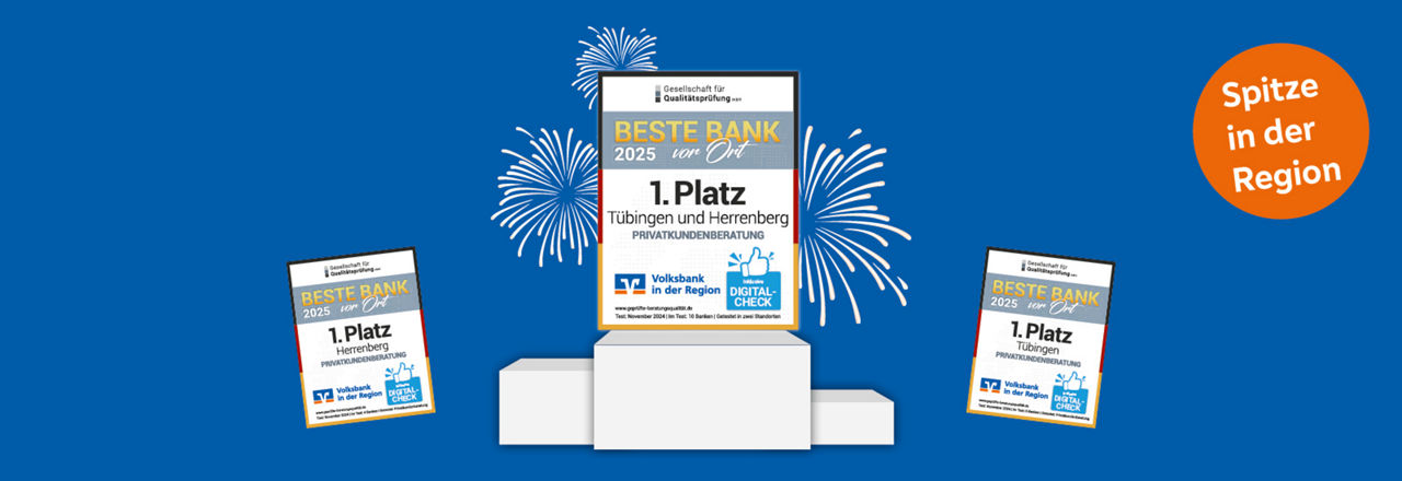 Beste Bank Siegel 2025 auf Siegertreppechen vor blauem Hintergrund mit Feuerwerk