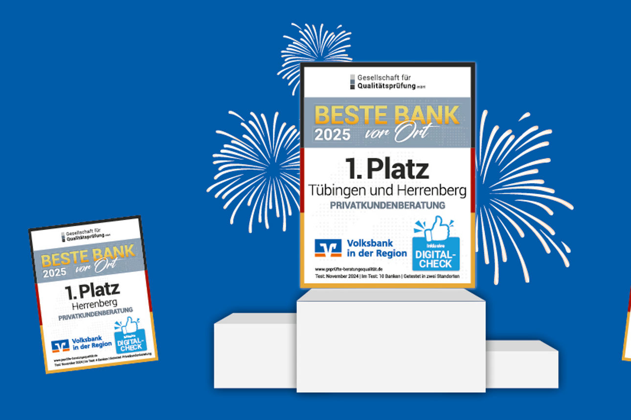Beste Bank Siegel 2025 auf Siegertreppechen vor blauem Hintergrund mit Feuerwerk