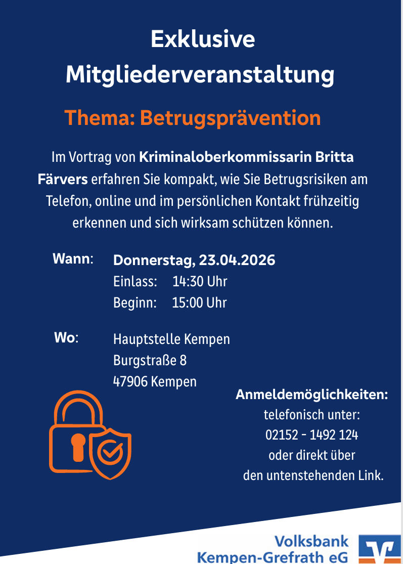 Ein Flyer mit der Veranstaltung Betrugspräventionam Donnerstag, den 24.04.2026 um 14:30 Uhr in der Hauptstelle Kempen.