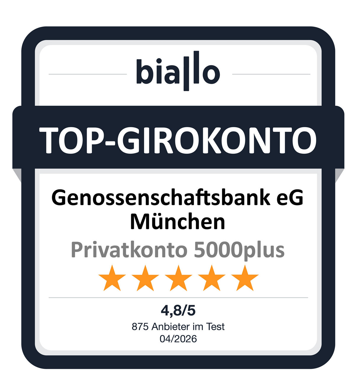 Biallo Siegel in blau für das Privatkonto 5000plus der Genobank München. Es zeigt 4,8 Sterne von 5.