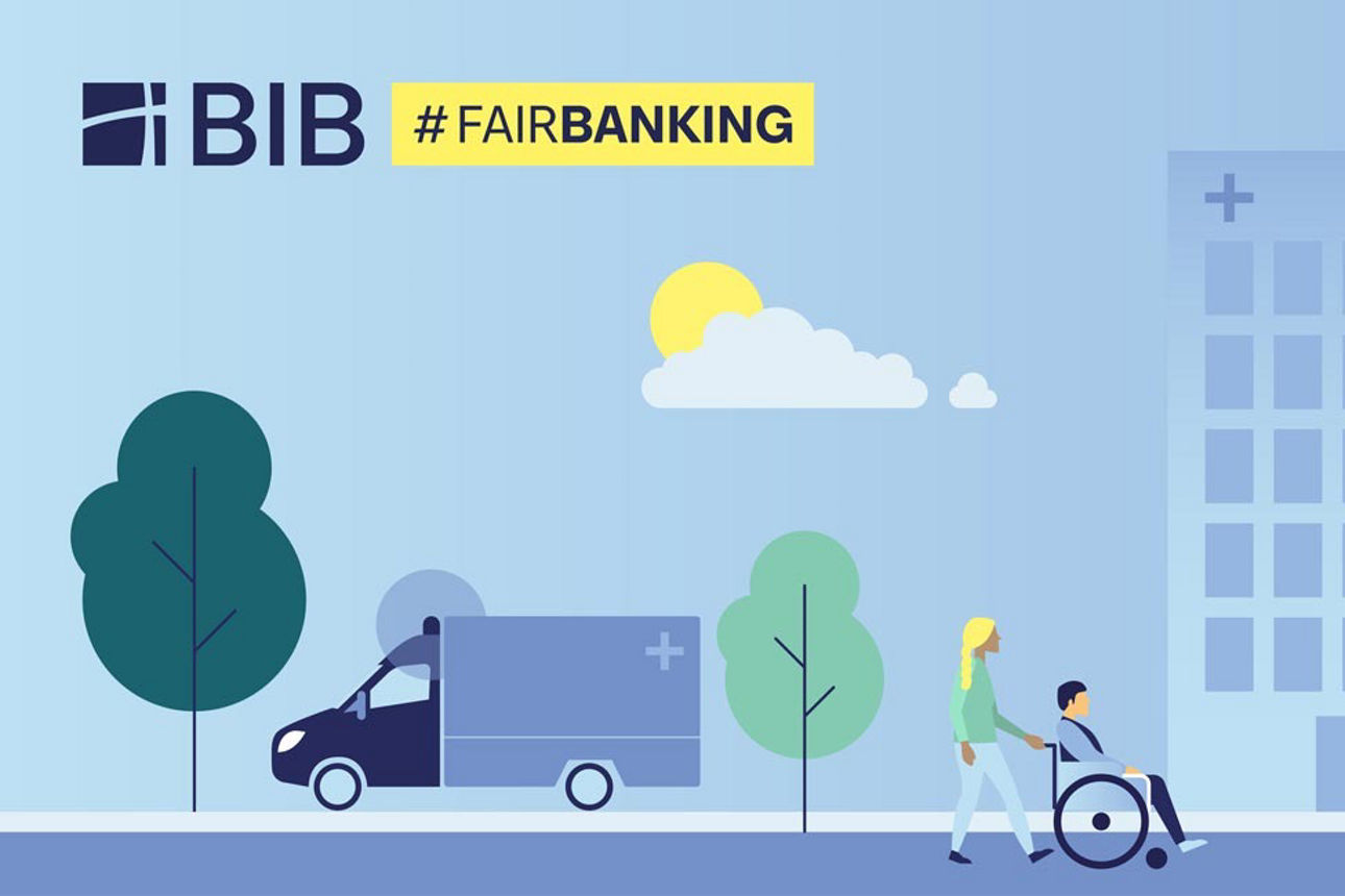 Illustration, die ein Krankenhaus, Rettungshubschrauber, Rettungswagen und zwei Menschen zeigt, einer davon im Rollstuhl