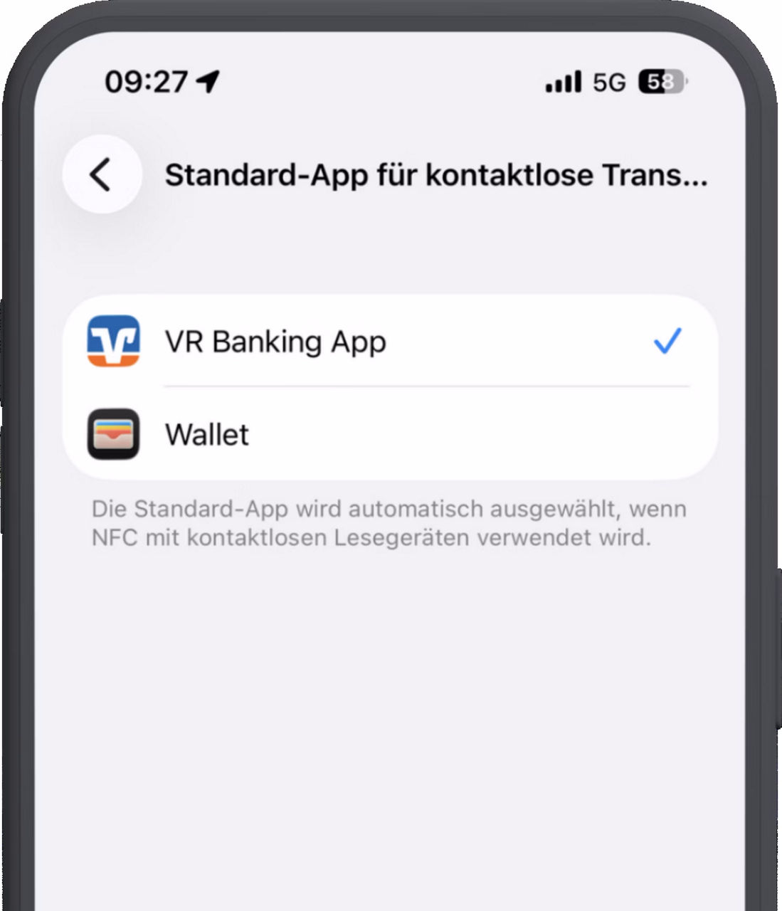 VR Banking App in iOS als Standard-Bezahl-App festlegen