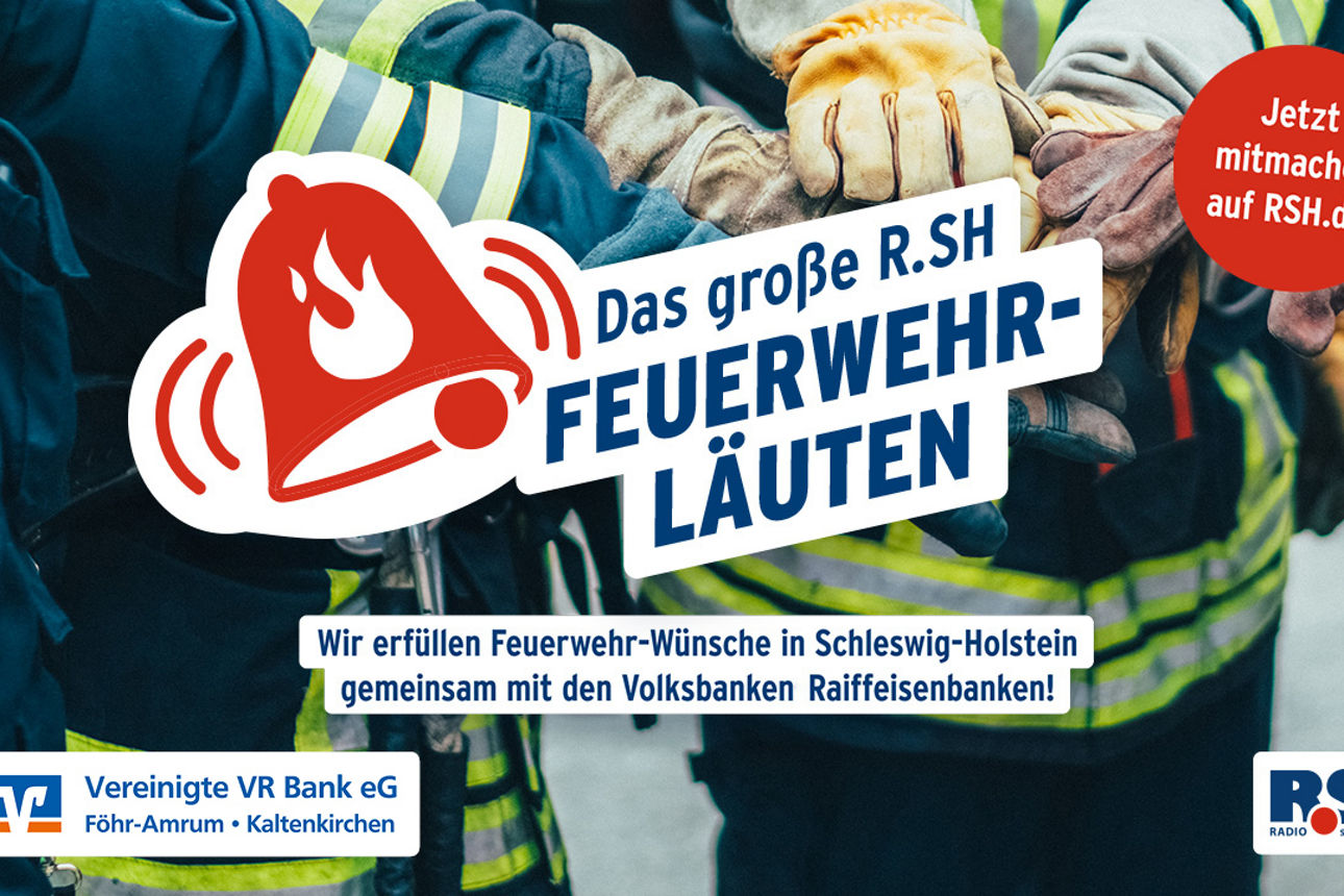 Ein Feuerwehr-Team wo Hände aufeinanderlegen mit dem Text" Das große R.SH Feuerwehrläuten".