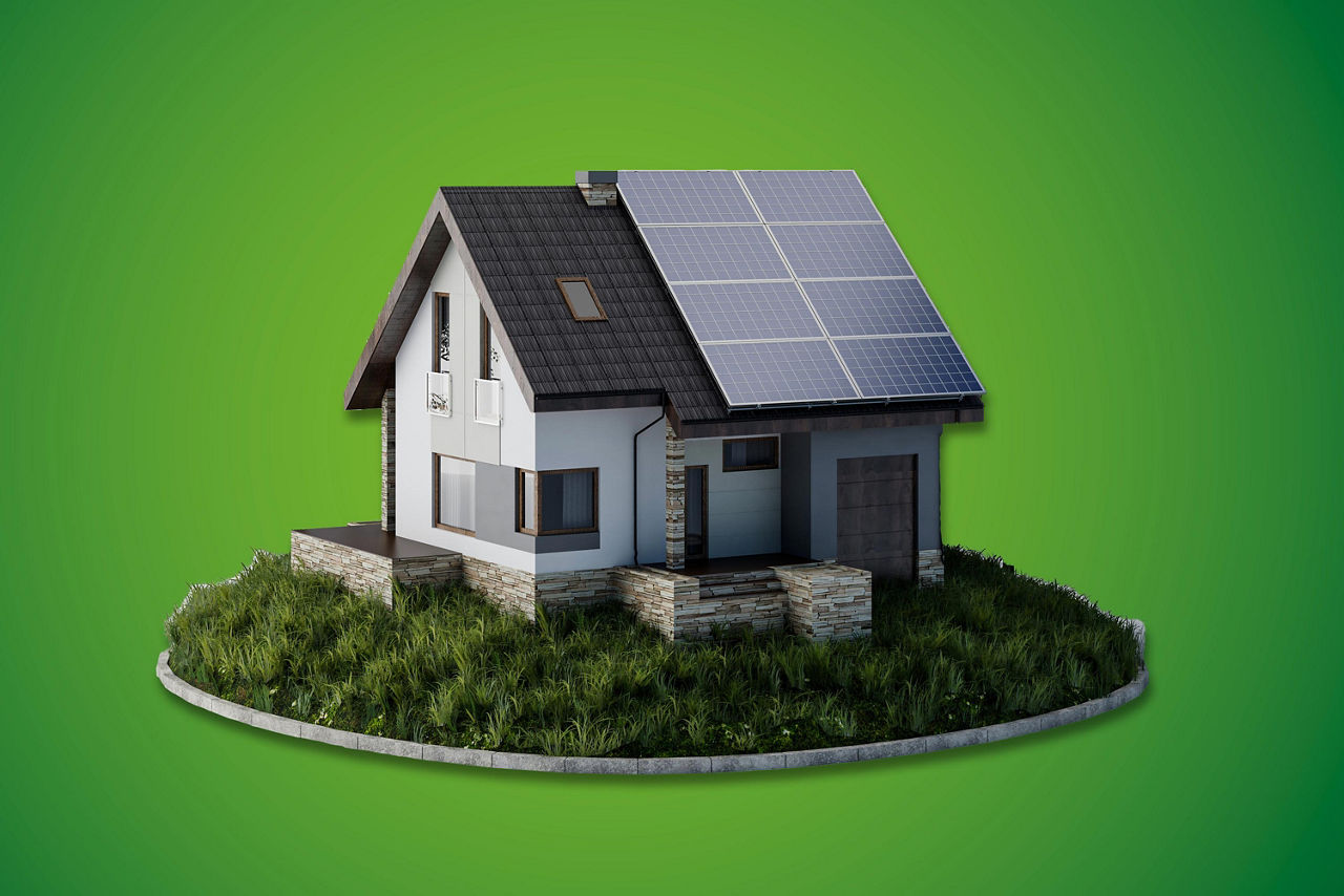 Modernes Haus auf einem Podest aus Gras