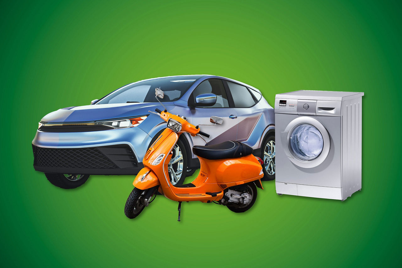 Ein Auto, ein Roller und eine Waschmaschine