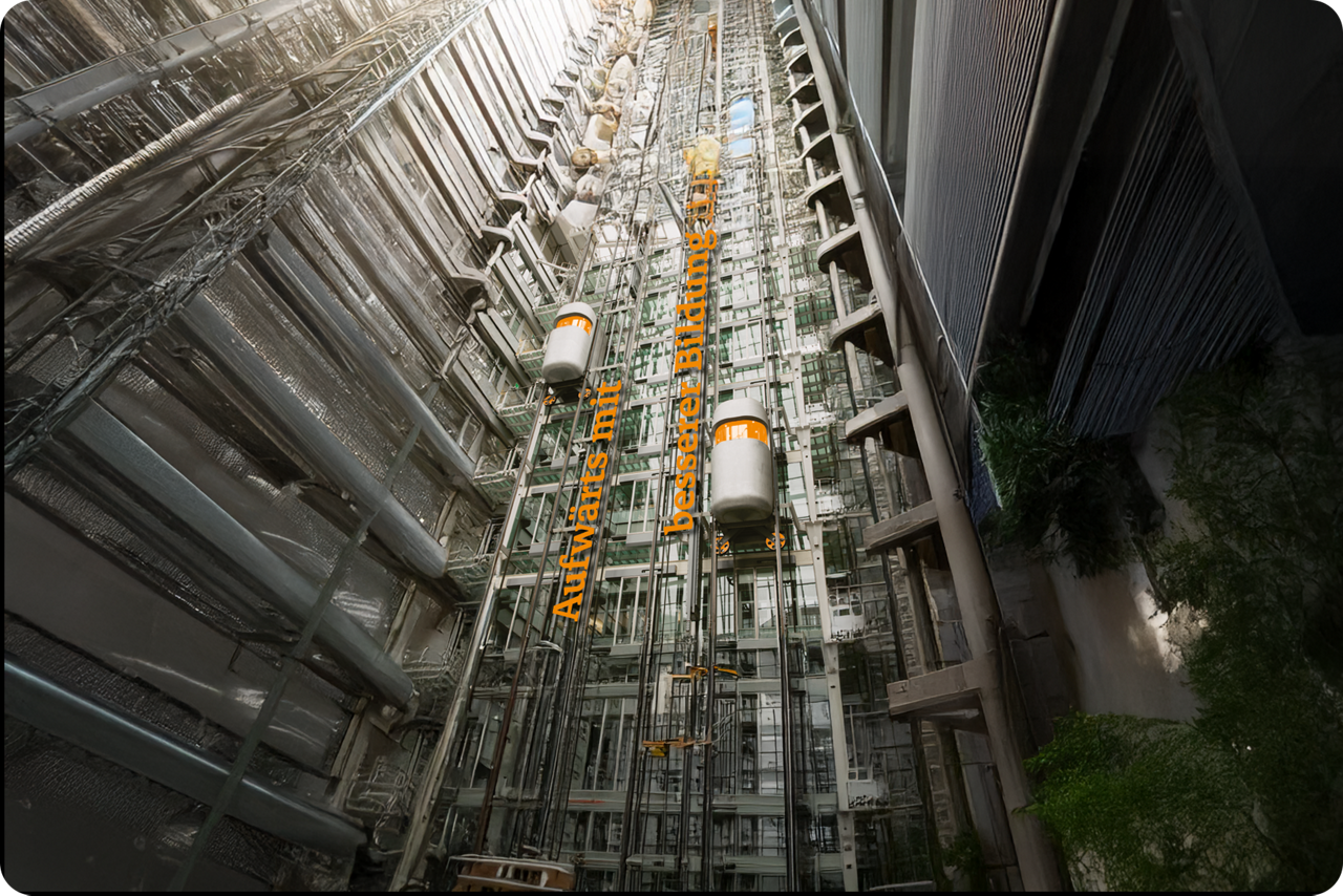 Zwei Fahrstüle fahren in einer futuristischen Industrieanlage außen an einem Gebäude nach oben 