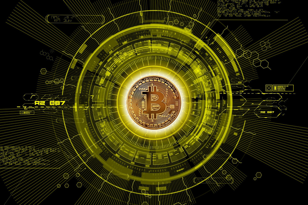 kryptisches Bild, in der Mitte das Bitcoin Symbol