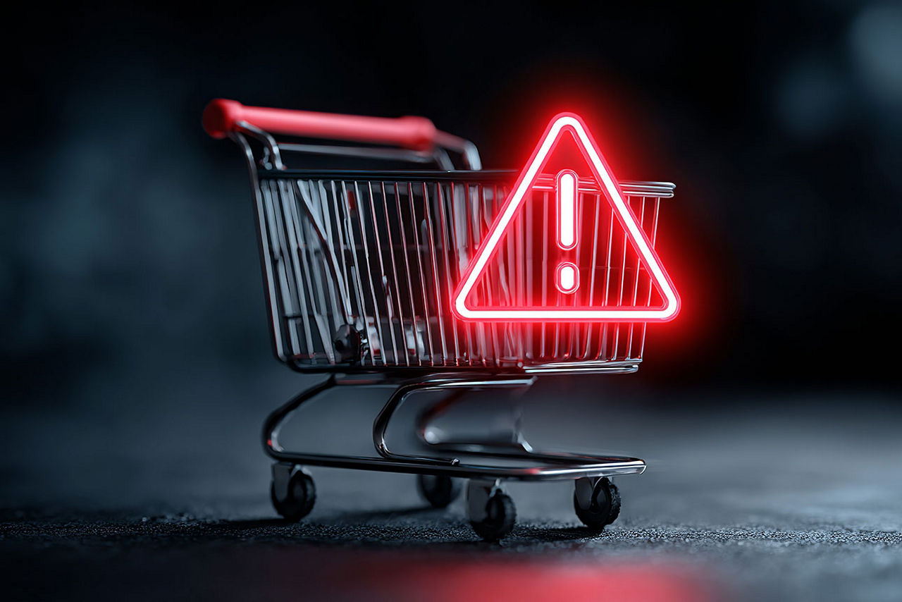 KI-generierstes Bild von einem Einkaufswagen mit einem leuchtend roten Achtungszeichen