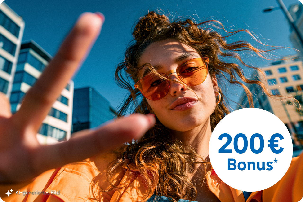 Das KI-generierte Bild zeigt eine junge Frau mit orangefarbener Sonnenbrille und Jacke.