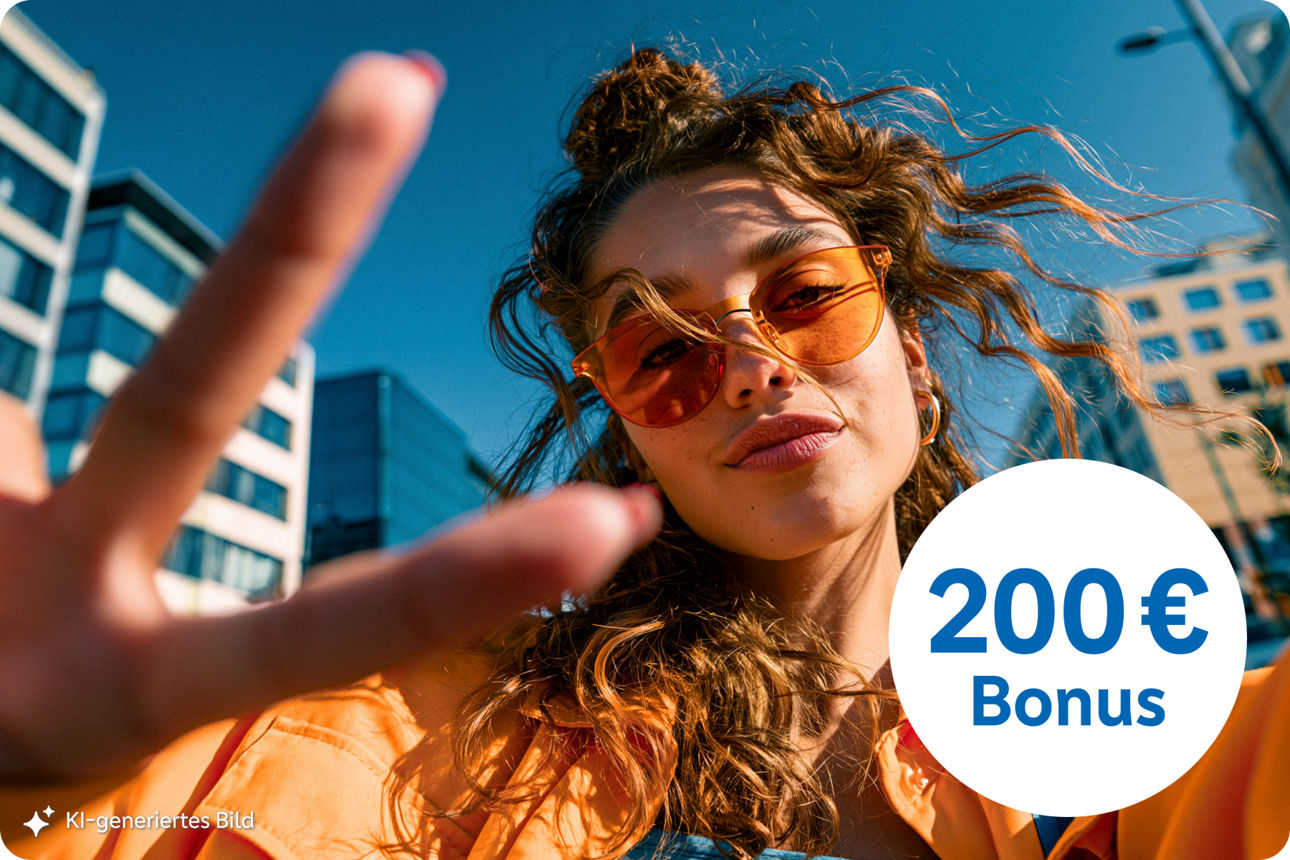 Das KI-generierte Bild zeigt eine junge Frau mit orangefarbener Sonnenbrille und Jacke.