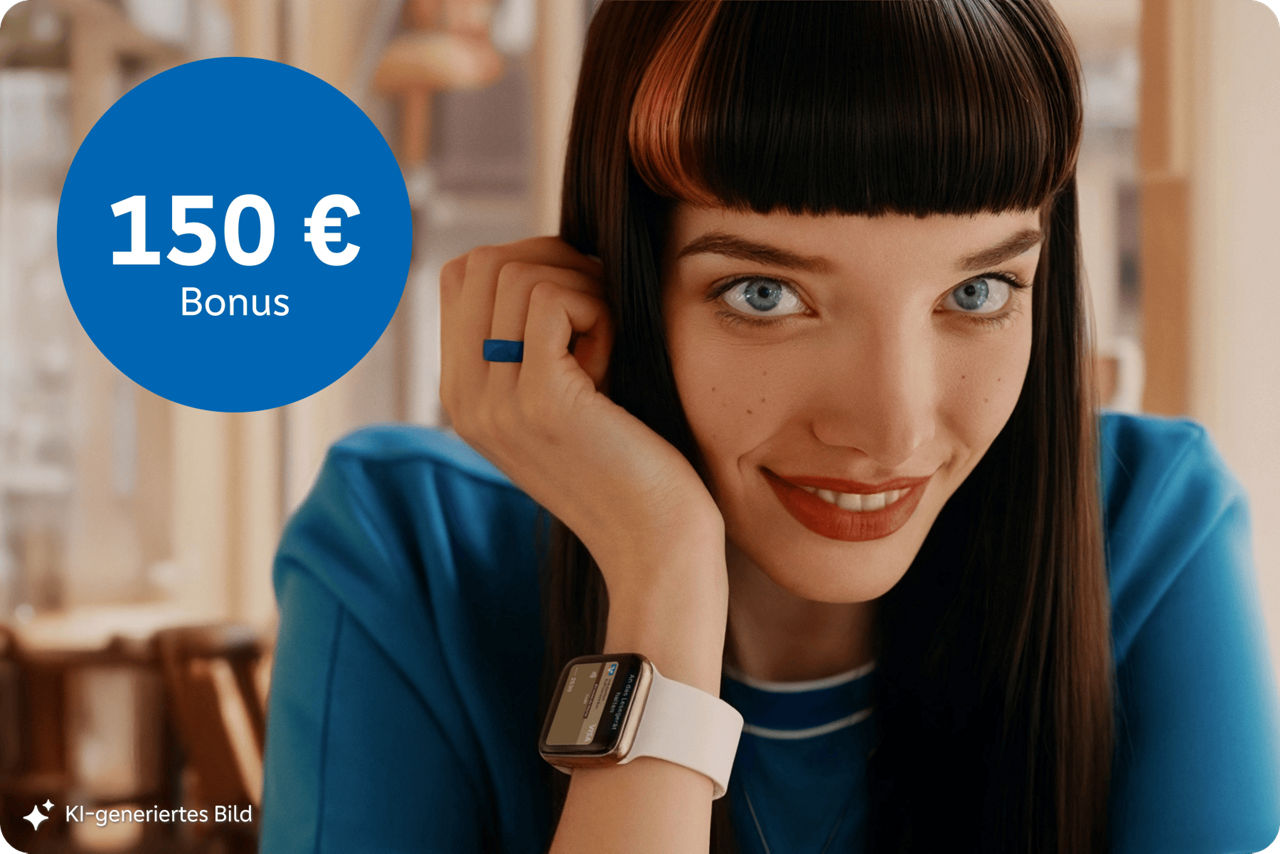 Das KI-generierte Bild zeigt eine junge Frau mit glatten dunklen Haaren, blauer Kleidung, rotem Lippenstift und Smartwatch sitzt lächelnd im Café