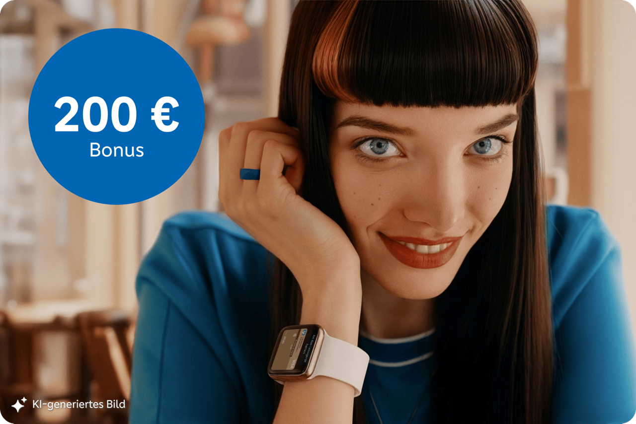 Das KI-generierte Bild zeigt eine junge Frau mit glatten dunklen Haaren, blauer Kleidung, rotem Lippenstift und Smartwatch sitzt lächelnd im Café