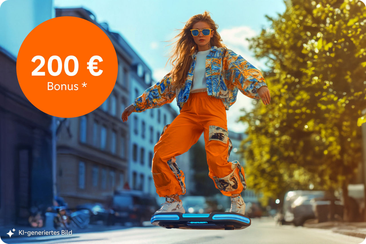 Das KI-generierte Bild zeigt eine junge Frau auf einem futuristischen Hoverboard