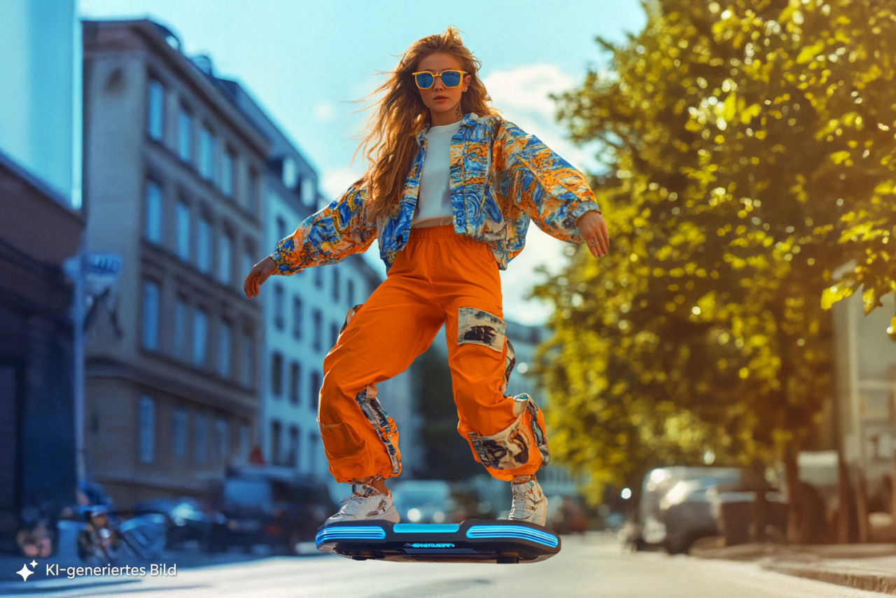 Das KI-generierte Bild zeigt eine junge Frau auf einem futuristischen Hoverboard