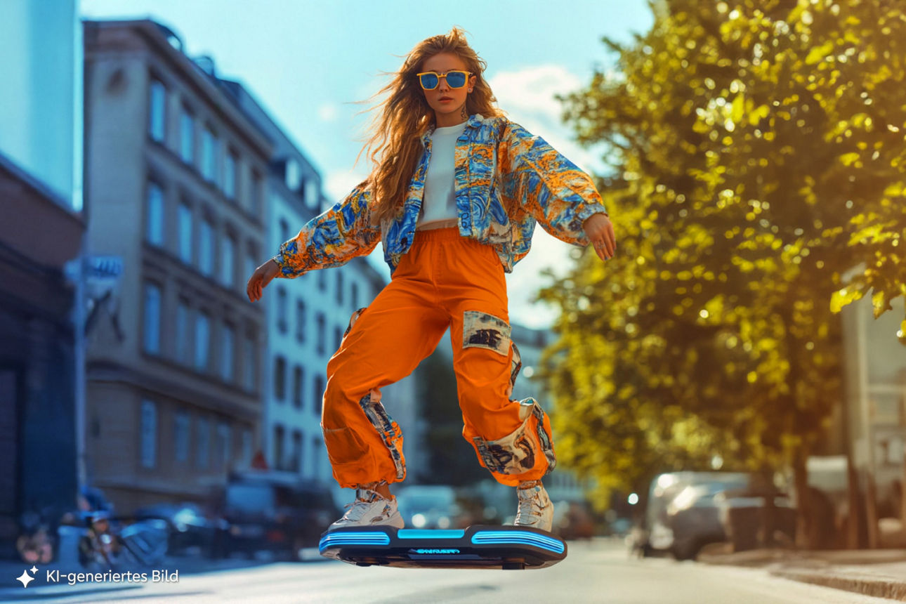 Das KI-generierte Bild zeigt eine junge Frau auf einem futuristischen Hoverboard