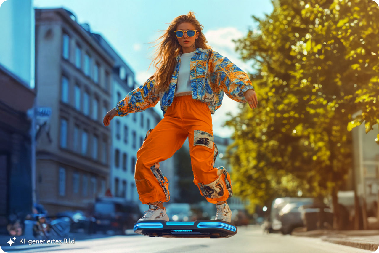 Das KI-generierte Bild zeigt eine junge Frau auf einem futuristischen Hoverboard