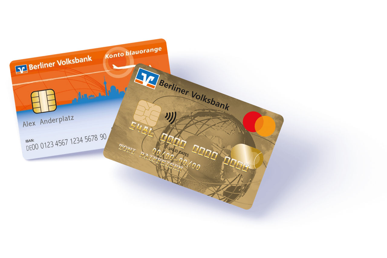 Eine girocard und eine Kreditkarte der Berliner Volksbank