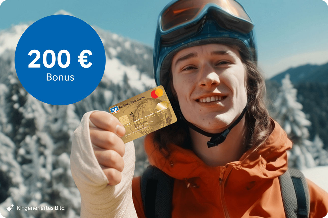 Das KI-generierte Bild zeigt einen jungen Mann mit Skihelm und Gipsarm der lachend eine goldene Kreditkarte der Berliner Volksbank in der Hand hält