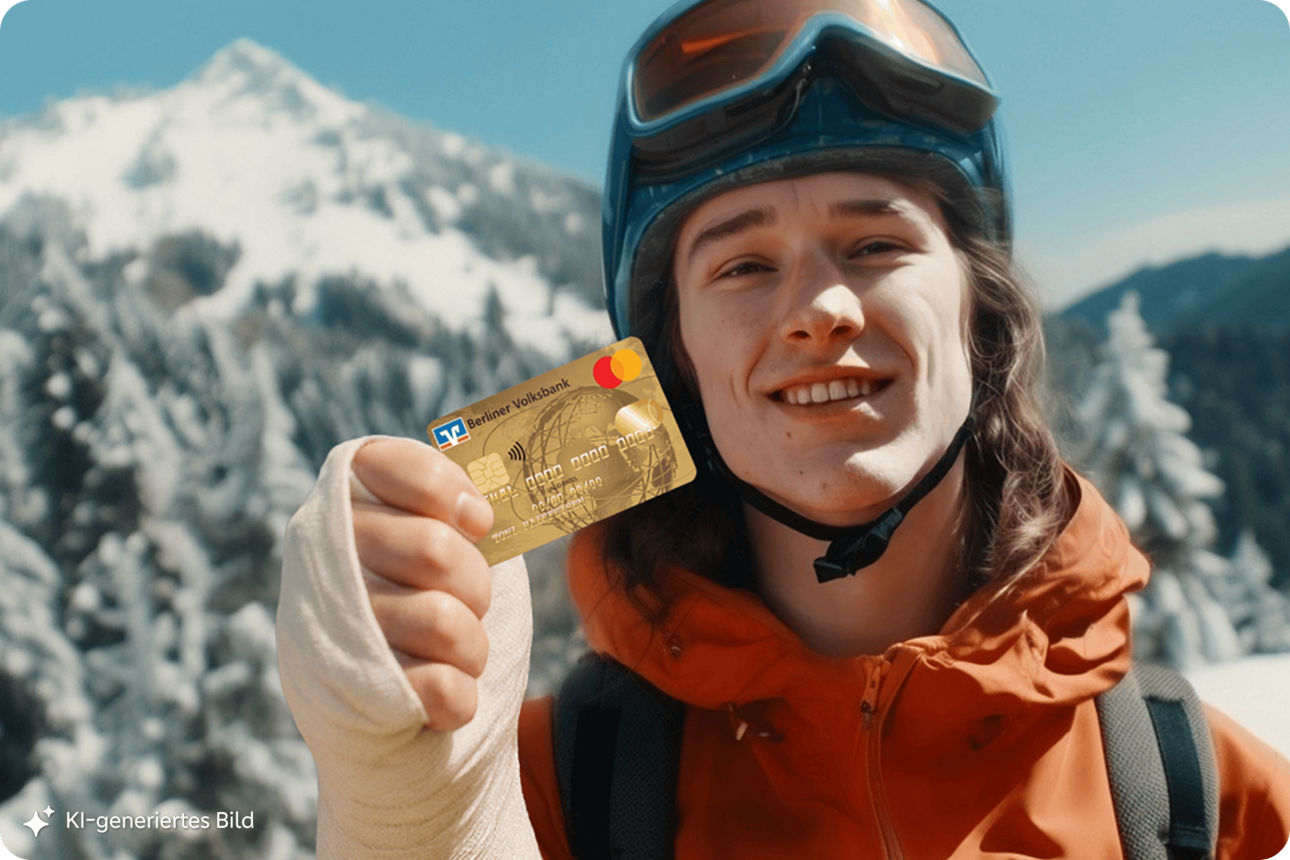 Das KI-generierte Bild zeigt einen jungen Mann mit Skihelm und Gipsarm der lachend eine goldene Kreditkarte der Berliner Volksbank in der Hand hält