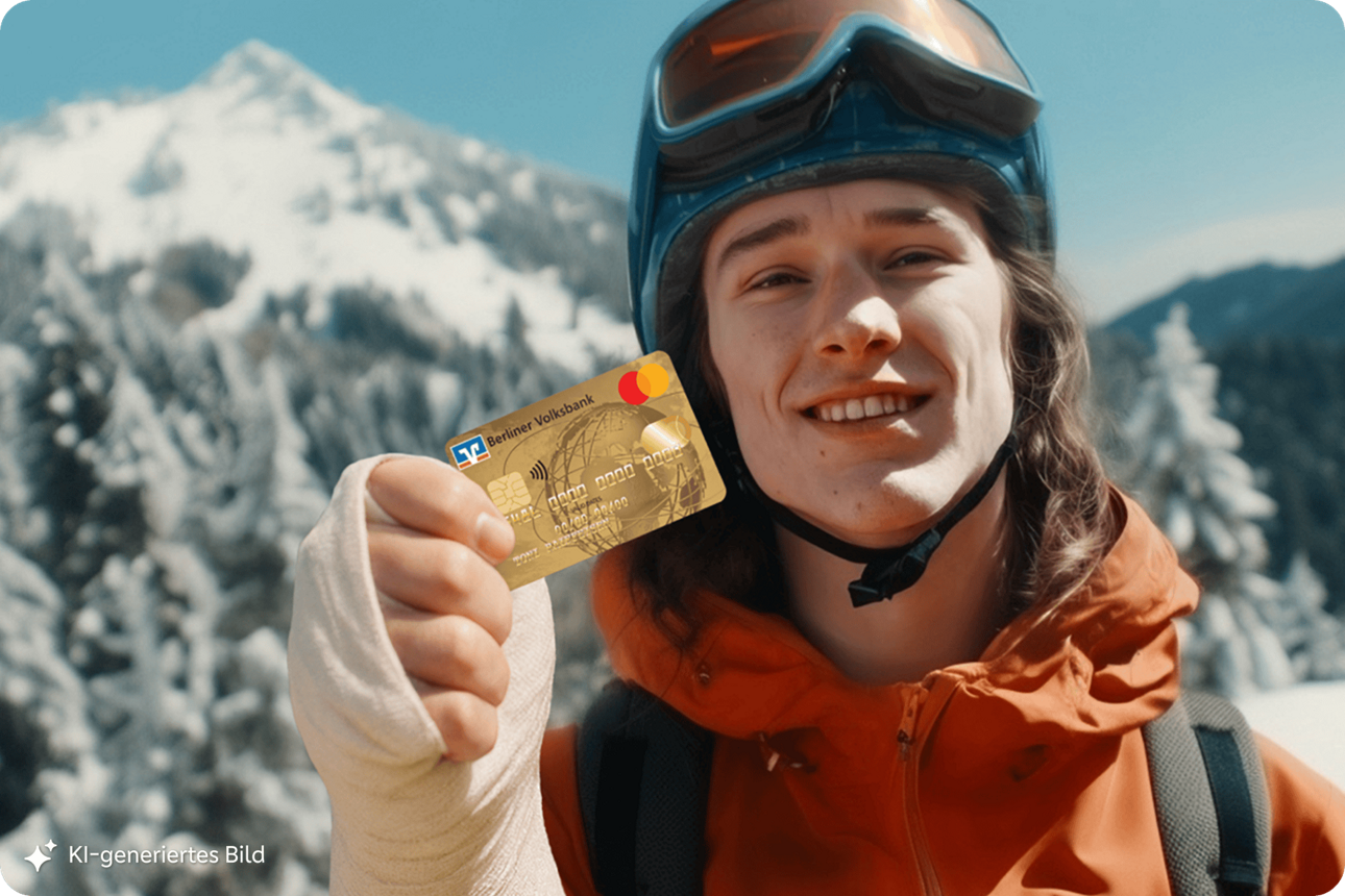 Das KI-generierte Bild zeigt einen jungen Mann mit Skihelm und Gipsarm der lachend eine goldene Kreditkarte der Berliner Volksbank in der Hand hält