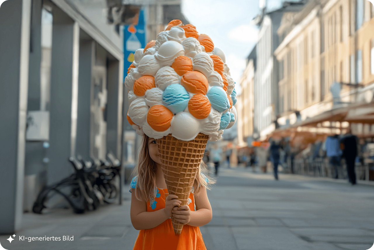 Ein kleines Mädchen hält eine überdimensionierte Eistüte in der Hand. Das Bild wurde mithilfe von KI generiert.