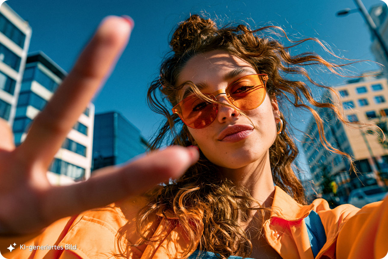 Das KI-generierte Bild zeigt eine junge Frau mit orangefarbener Sonnenbrille und Jacke.