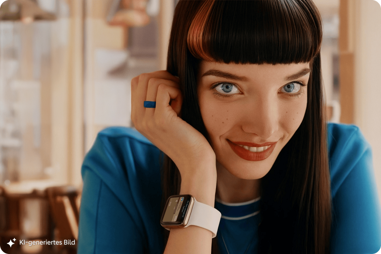 Das KI-generierte Bild zeigt eine junge Frau mit glatten dunklen Haaren, blauer Kleidung, rotem Lippenstift und Smartwatch sitzt lächelnd im Café