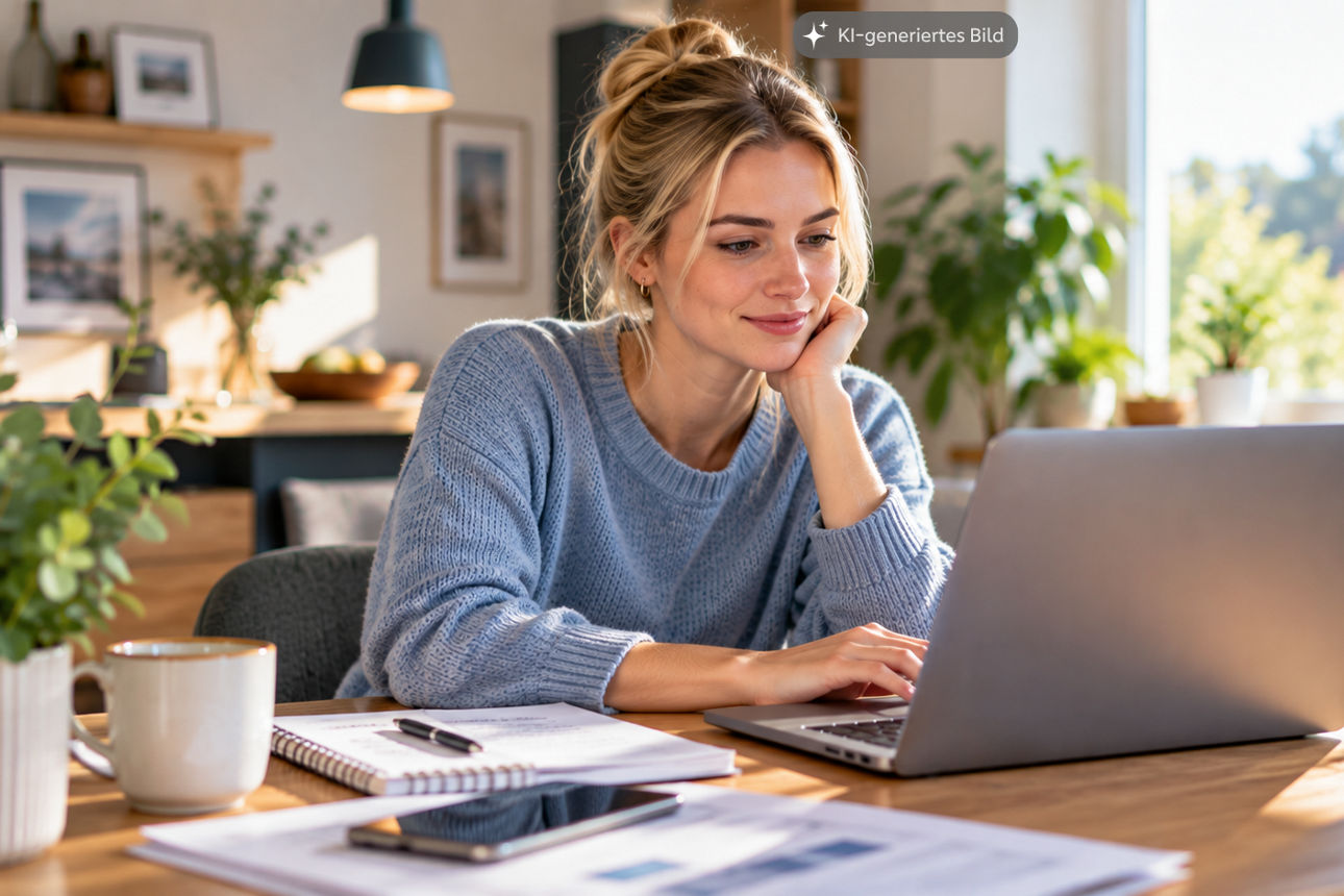 Junge Frau prüft zu Hause ihre Finanzen am Laptop.