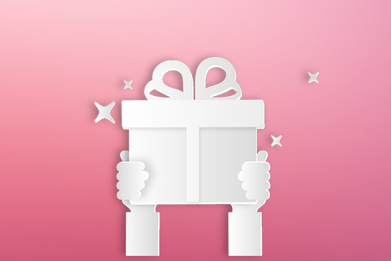 Weiße Zeichnung von einem paar Hände, die ein Geschenk halten vor rosafarbenem Hintergrund