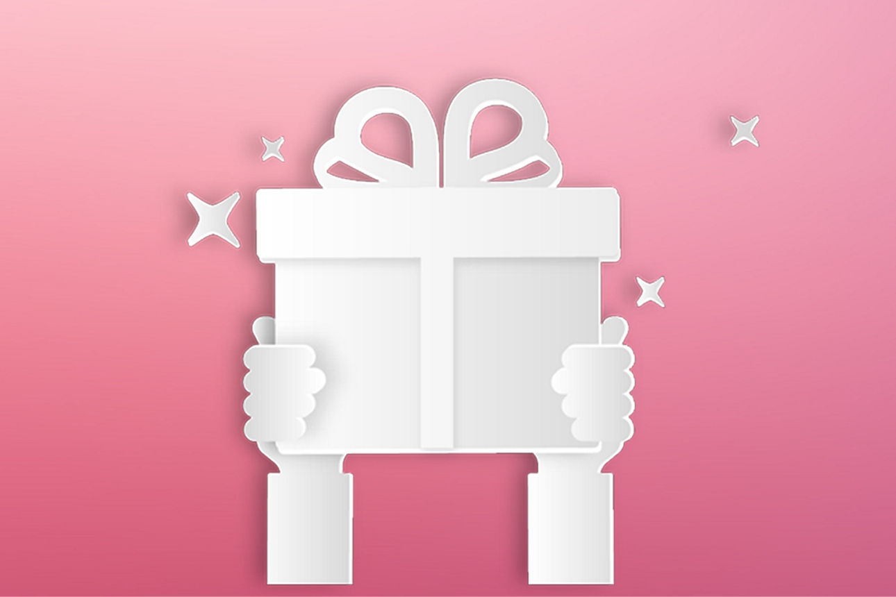 Weiße Zeichnung von einem paar Hände, die ein Geschenk halten vor rosafarbenem Hintergrund