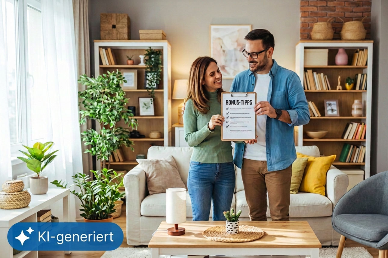 Pärchen im Wohnzimmer hält eine Tafel mit der Aufschrift Bonus-Tipps hoch