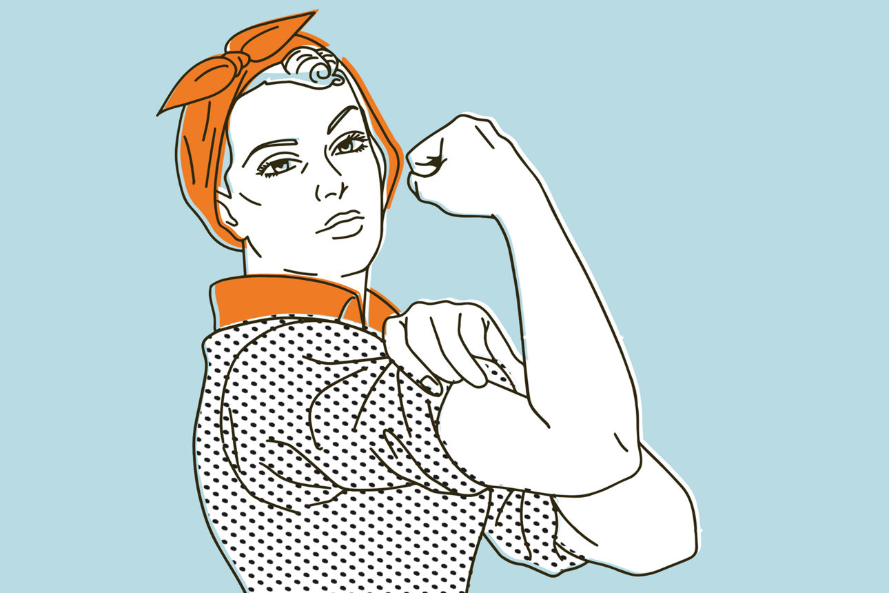 Illustration einer Arbeiterfrau, die den Ärmel hochkrempelt, einen Arm anwinkelt und die Hand zur Faust ballt