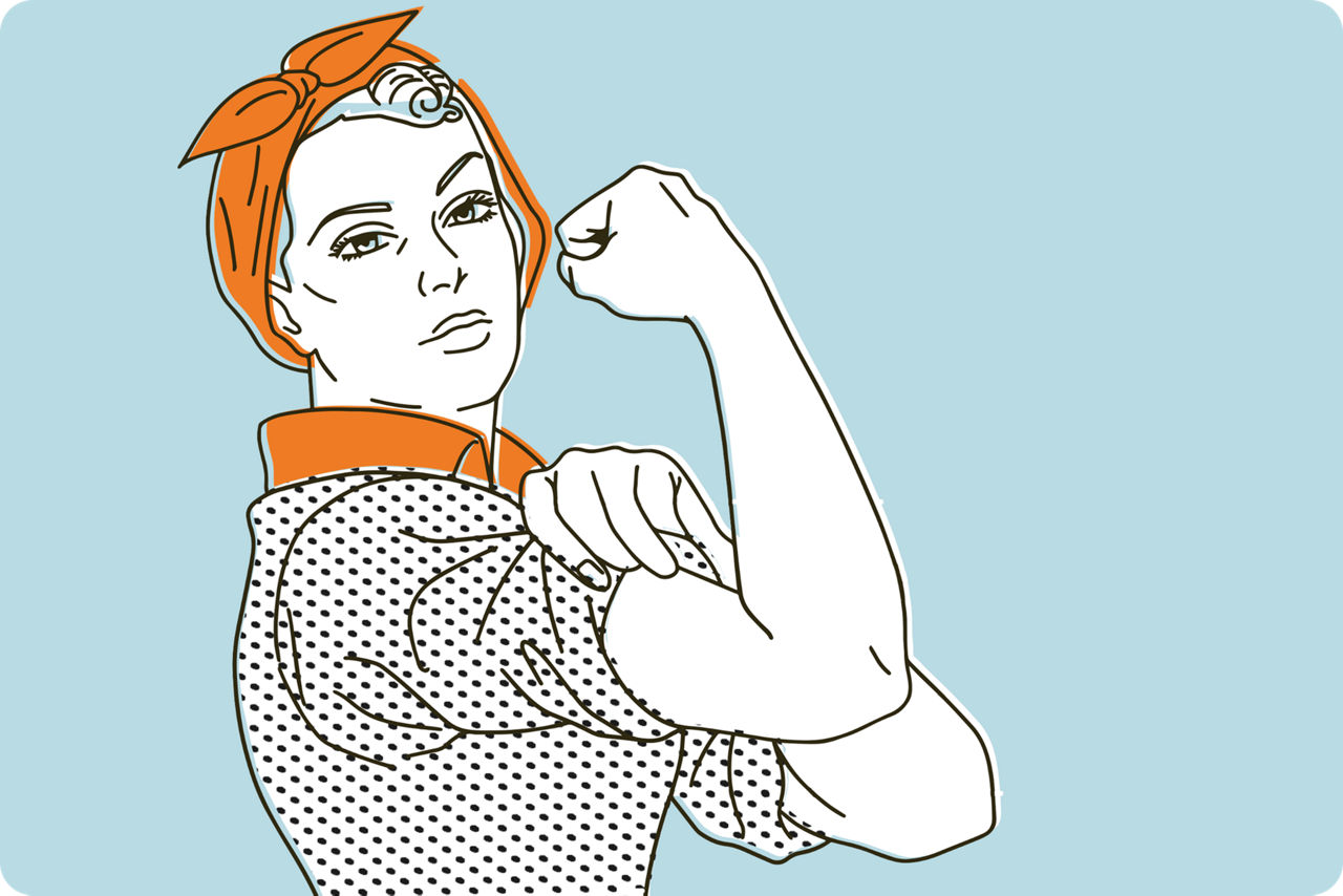 Illustration einer Arbeiterfrau, die den Ärmel hochkrempelt, einen Arm anwinkelt und die Hand zur Faust ballt