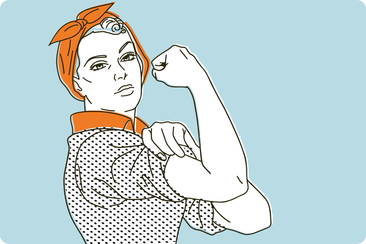 Illustration einer Arbeiterfrau, die den Ärmel hochkrempelt, einen Arm anwinkelt und die Hand zur Faust ballt