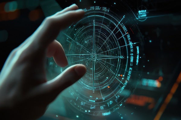 Display mit digitalem Kompass und einer Hand die darauf tippen möchte
