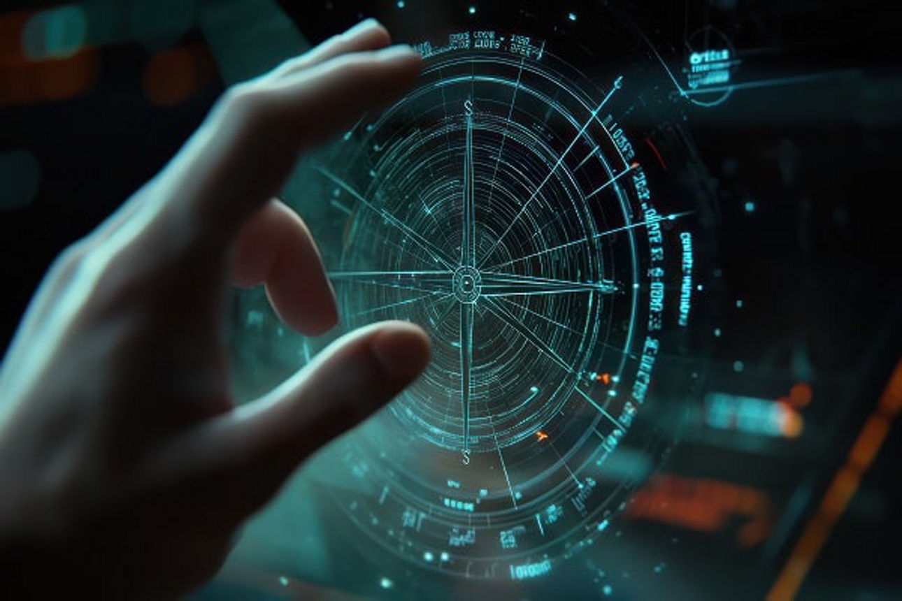 Display mit digitalem Kompass und einer Hand die darauf tippen möchte