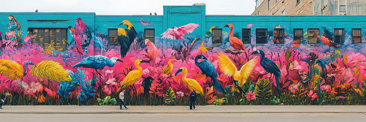 eine bunte Hausmauer mit Vogelmotiven 