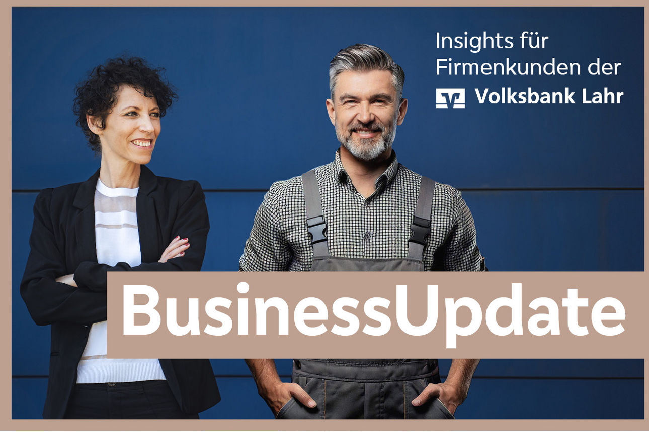 Auf dem Bild sind eine Frau und ein Mann die lächeln. Ebenso der Text "Insights für Firmenkunden der Volksbank Lahr"