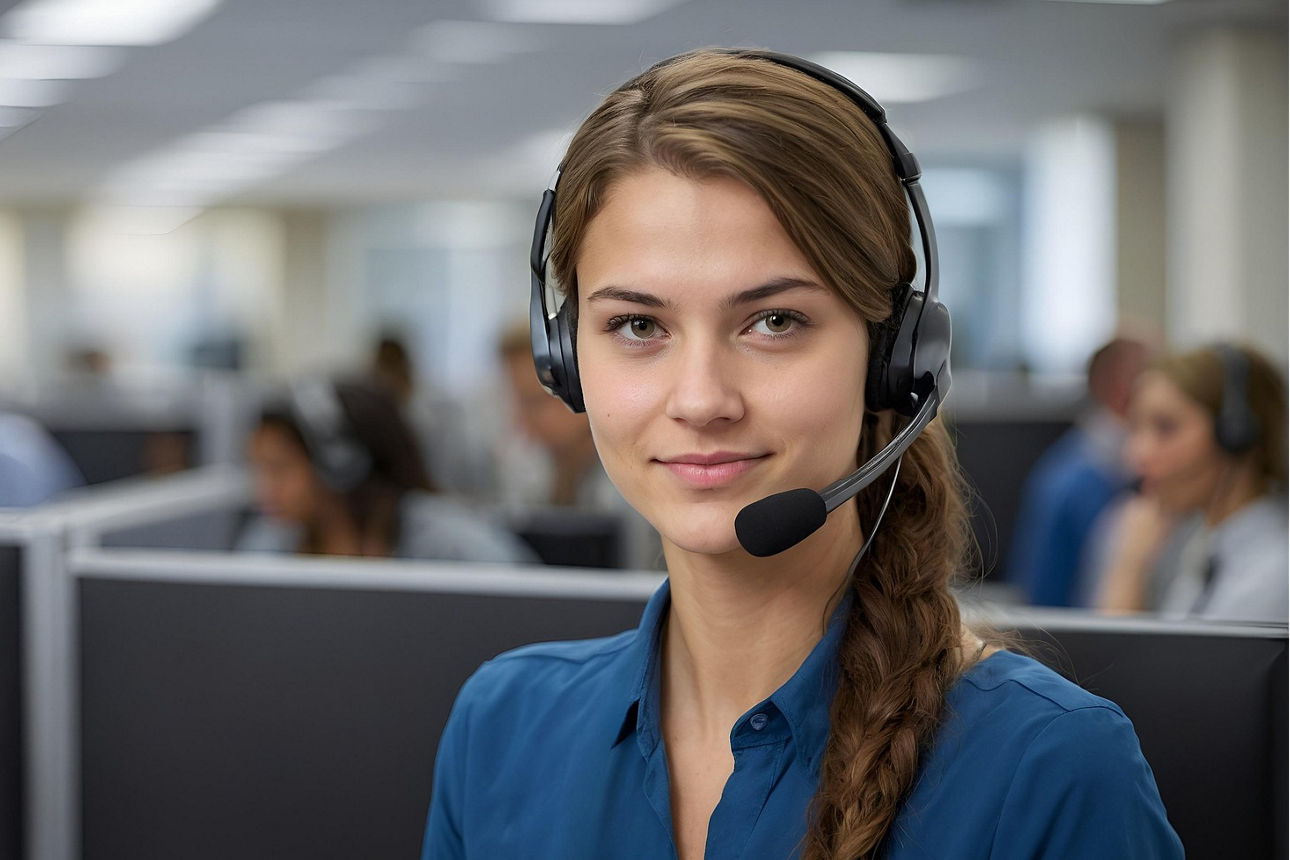 Frau mit Headset in Büroumgebung