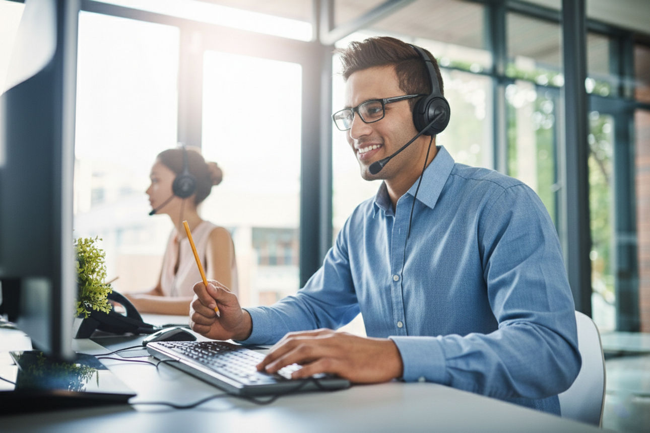 2 Bankmitarbeiter mit Headset am Computer