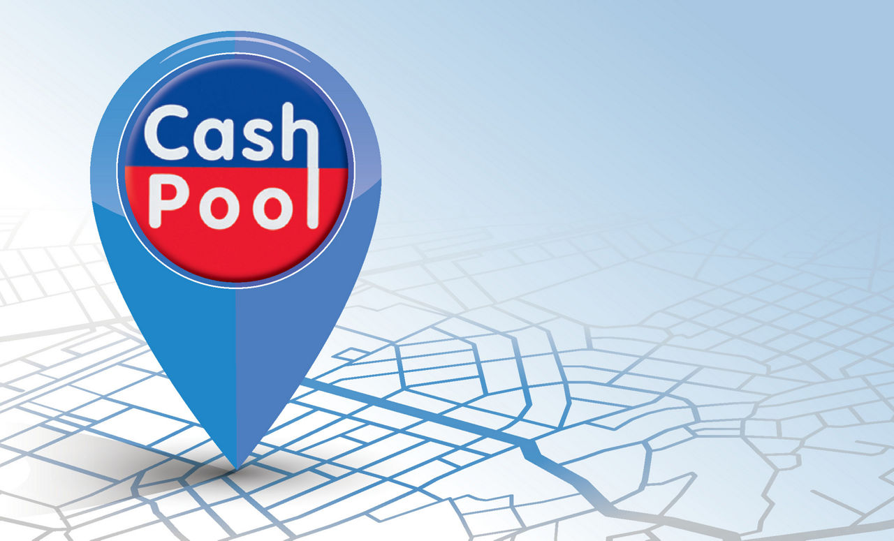 Standort-Pin mit der Beschriftung CashPool auf einer grafischen Landkarte