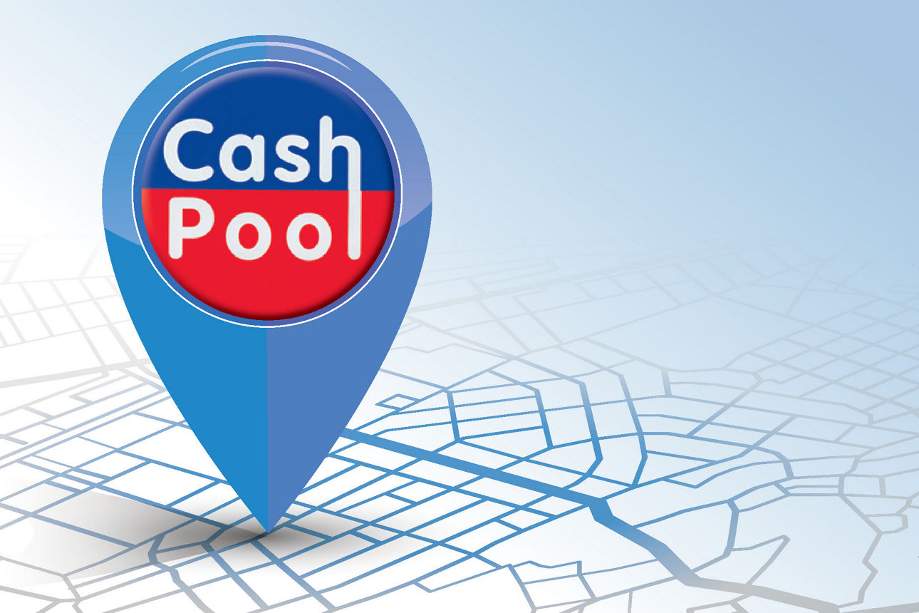 Standort-Pin mit der Beschriftung CashPool auf einer grafischen Landkarte