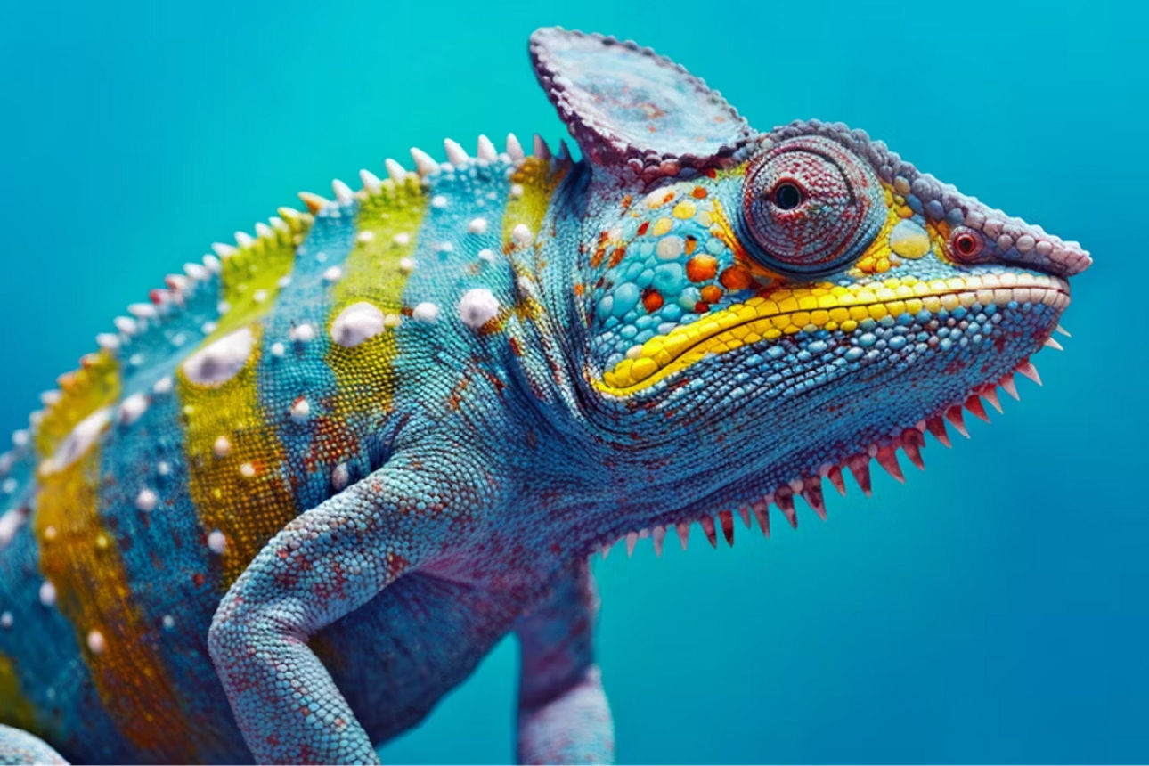Ein Chamäleon vor blauem Hintergrund schaut interessiert
