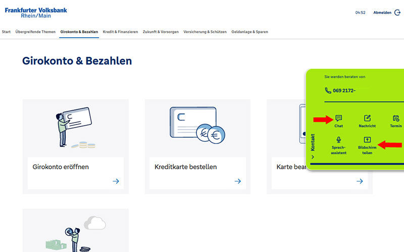 Screenshots vom Bereich "Chat und Bildschirm teilen" aus dem Online Banking