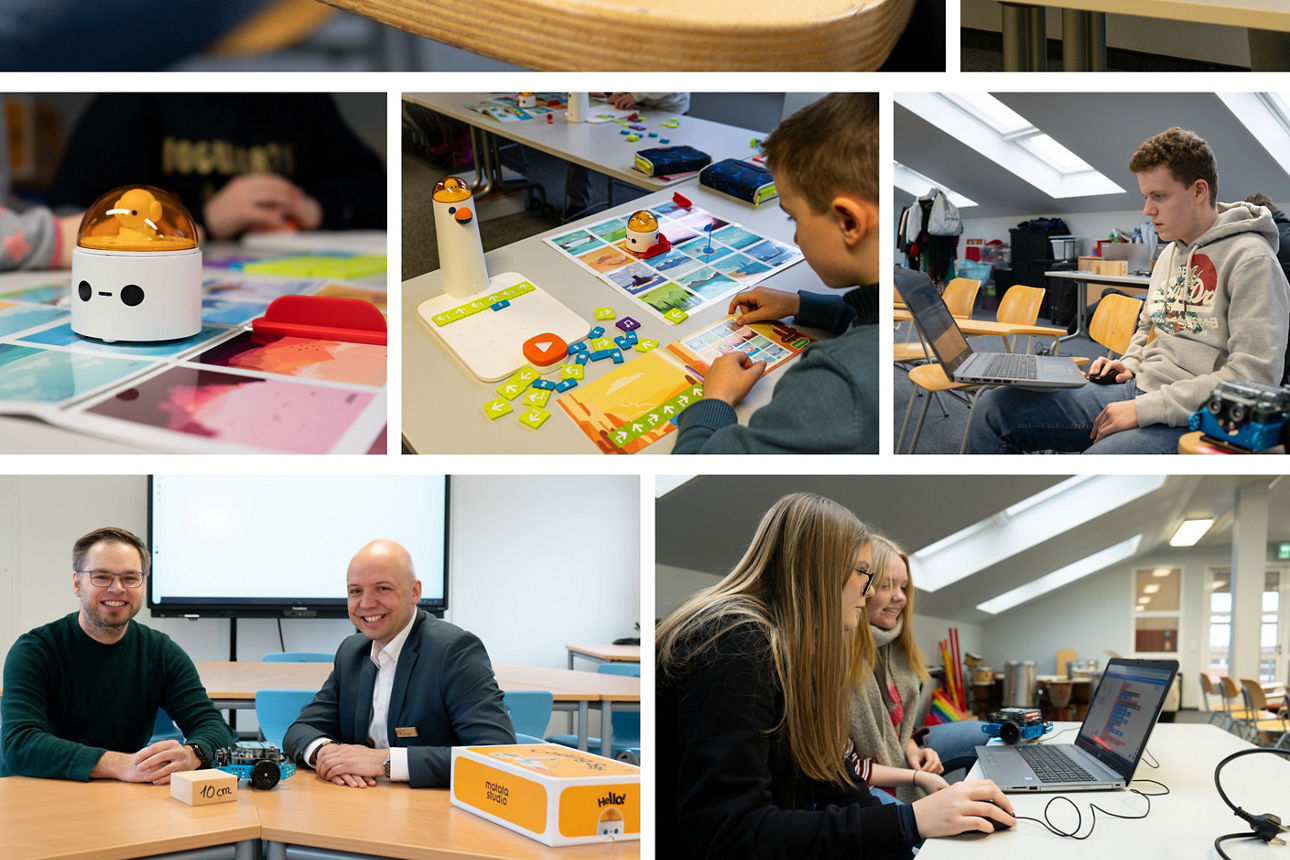 Schüler sitzen gemeinsam am Tisch und tauschen sich fröhlich aus.