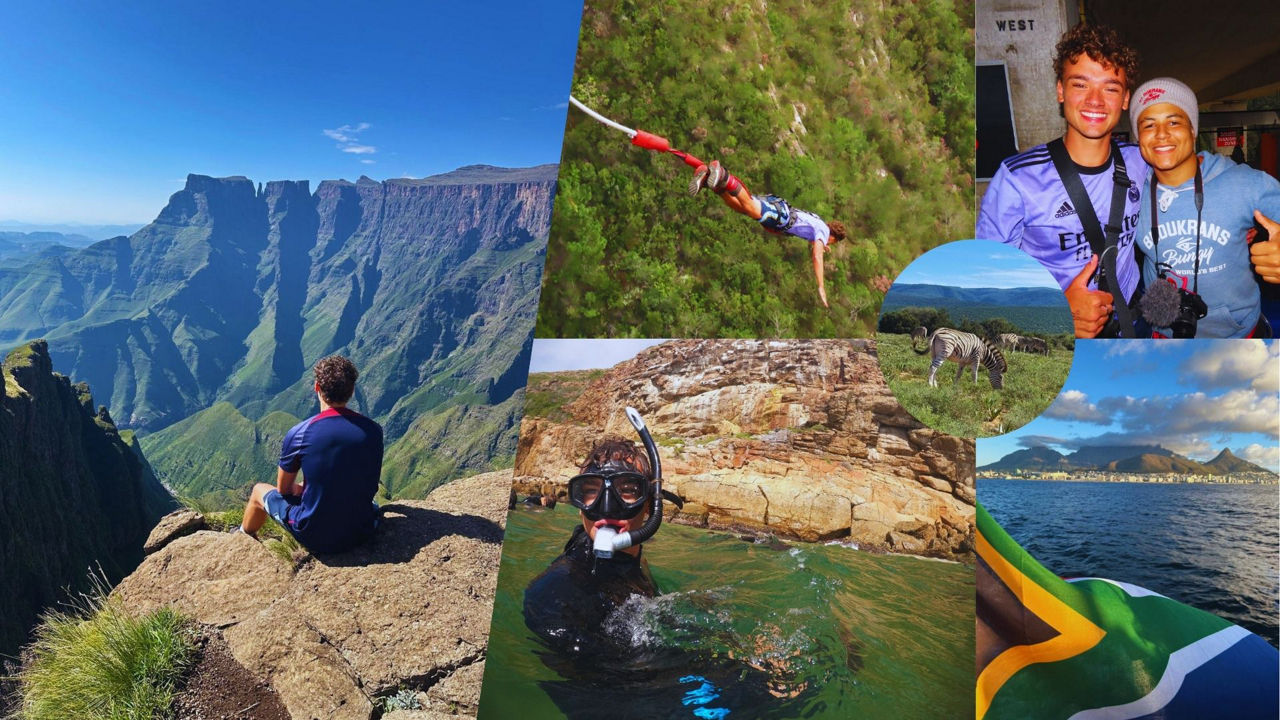 Bastian sitzt auf einem Felsen, springt an einem Bungeeseil in die Tiefe, schnorchelt.