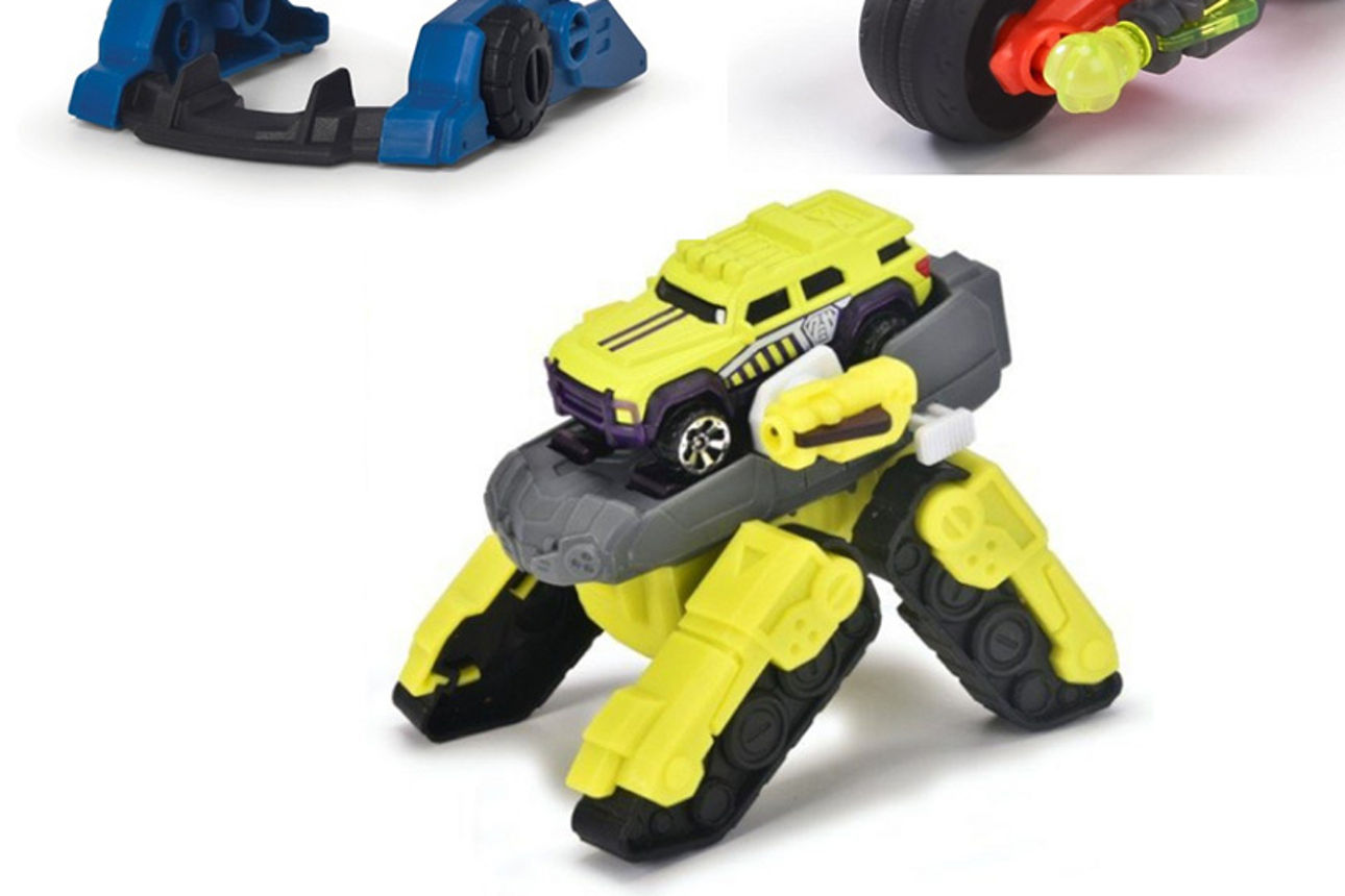 Drei coole Spielzeugautos mit Adaptern, mit denen sie sich in noch coolere Roboterautos verwandeln lassen